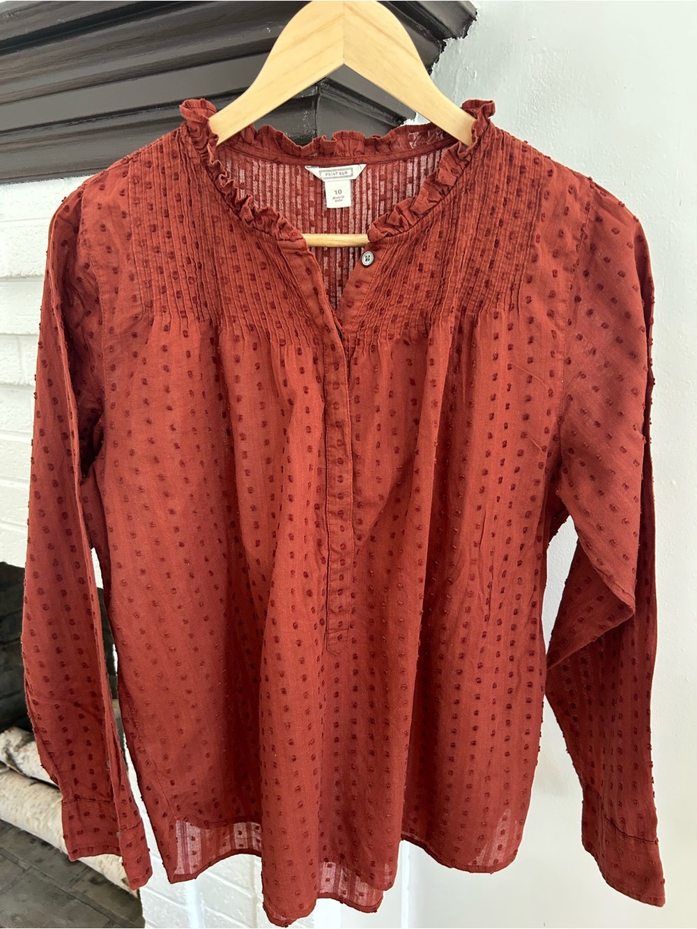 J. Crew Point Sur Swiss Dot Ruffle Collar Rust Long-Sleeve Top Size 10